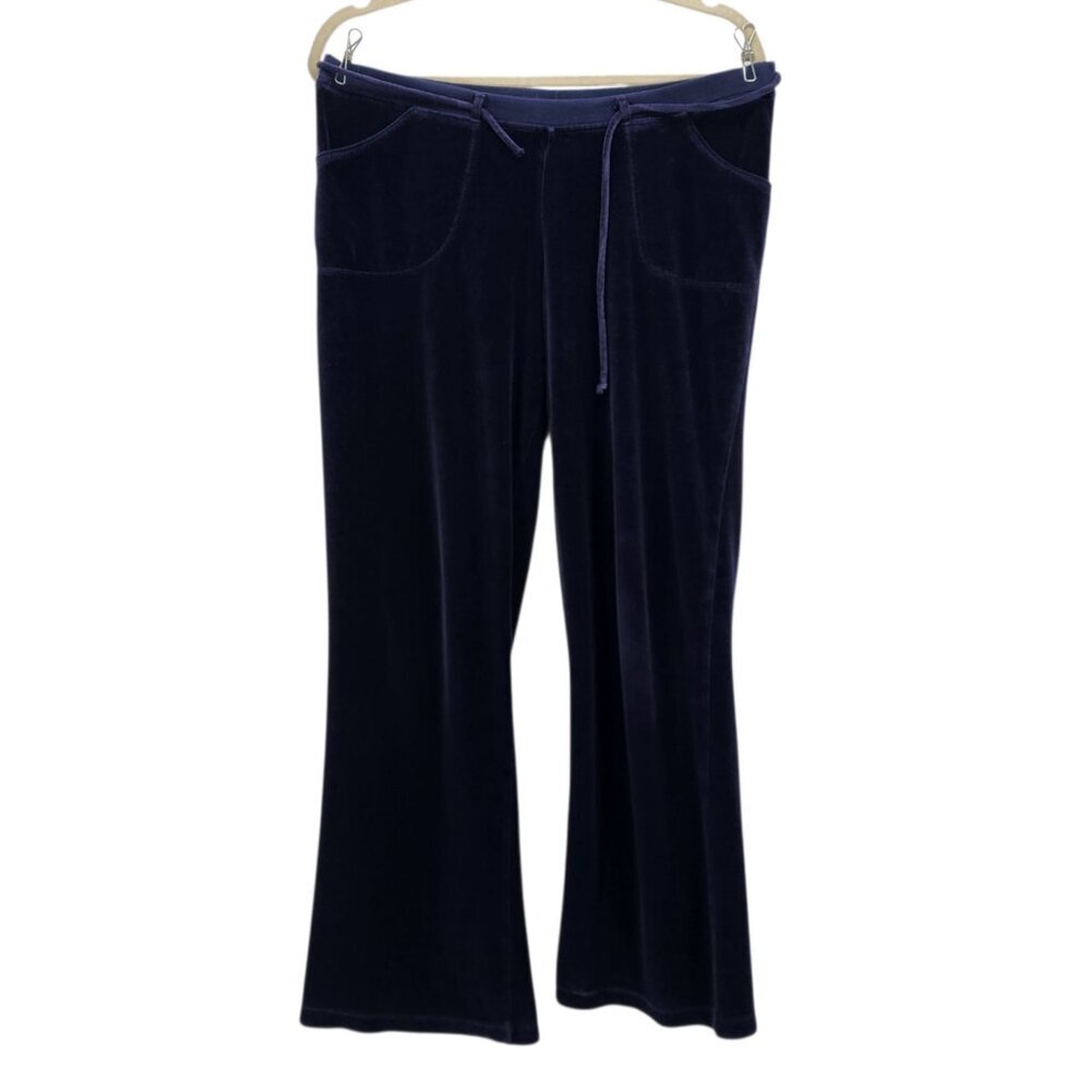Vintage Rave Womens Large Pants Velour Wide Leg Pull On Navy Blue 1990s Y2K